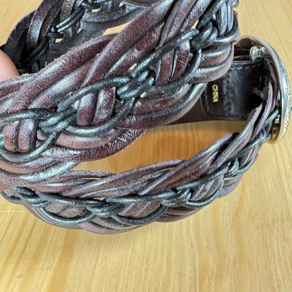 Brighton vintage Brown Braided Leather Belt Silver Classic Luxury Small